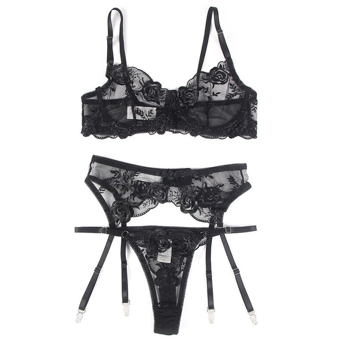 Subblime – 3-teiliges Set BH + Tanga + Strapshalter Blumenmuster Schwarz L/xl