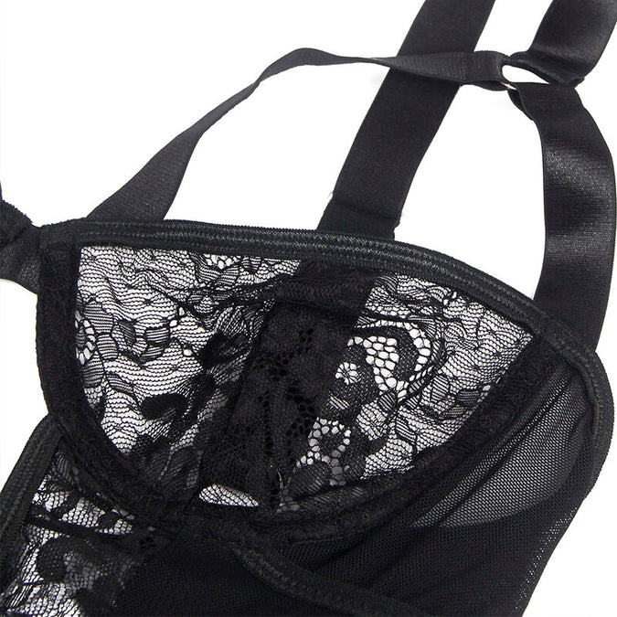 Subblime – Teddy mit Strumpfhalter mit Spitzen-Detail und Streifen Schwarz L/xl
