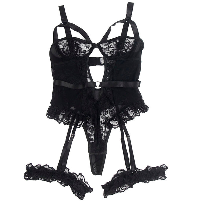 Subblime – Teddy mit Strumpfhalter mit Spitzen-Detail und Streifen Schwarz L/xl