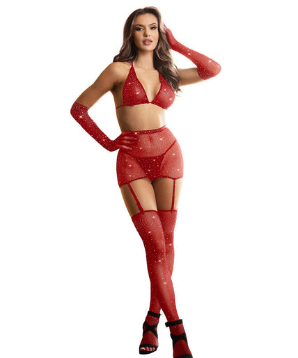 Subblime – 952181 Fishnet Bodystocking With Gloves And Diamonds Red One Size