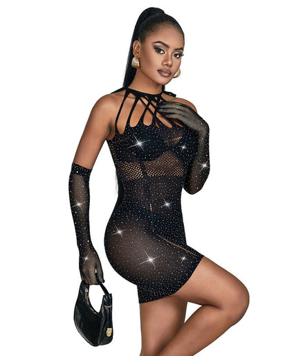 Subblime – 952235 Fishnet Dress With Rhinestones Black One Size