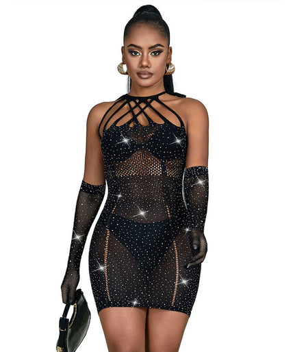 Subblime – 952235 Fishnet Dress With Rhinestones Black One Size