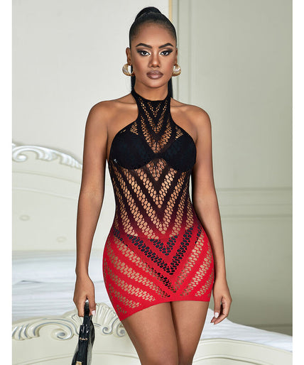 Subblime – 952242 Red And Black Degraded Elastic Fishnet Dress One Size