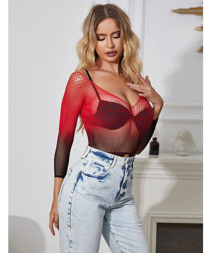 Subblime – 952259 Red And Black Gradient Long Sleeve Elastic Fishnet Dress One Size