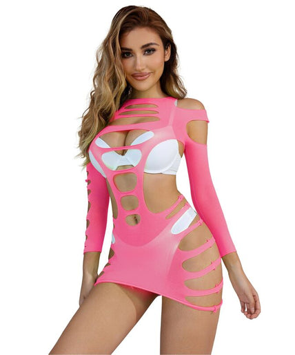 Subblime – 952273 Long Sleeve Elastic Fishnet Dress Pink One Size