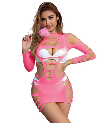 Subblime – 952273 Long Sleeve Elastic Fishnet Dress Pink One Size