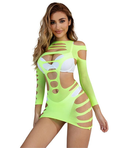 Subblime – 952280 Green Long Sleeve Elastic Fishnet Dress One Size