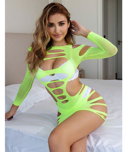 Subblime – 952280 Green Long Sleeve Elastic Fishnet Dress One Size