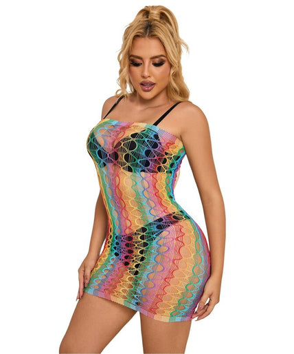 Subblime – 952365 Rainbow Bare Shoulder Fishnet Dress One Size