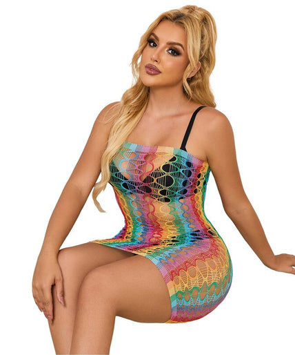 Subblime – 952365 Rainbow Bare Shoulder Fishnet Dress One Size