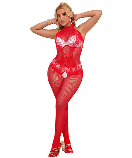 Subblime – 952372 Fishnet And Lace Crotchless Bodystocking With High Neck Red One Size