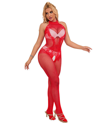 Subblime – 952372 Fishnet And Lace Crotchless Bodystocking With High Neck Red One Size