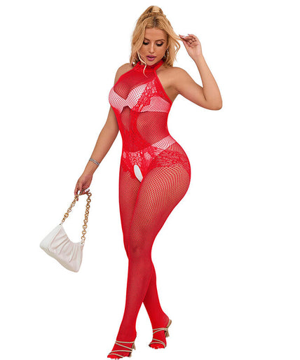 Subblime – 952372 Fishnet And Lace Crotchless Bodystocking With High Neck Red One Size