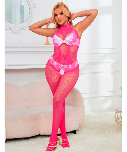 Subblime – 952389 Fishnet And Lace Crotchless Bodystocking With High Neck Pink One Size