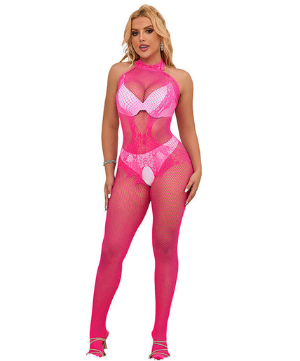 Subblime – 952389 Fishnet And Lace Crotchless Bodystocking With High Neck Pink One Size