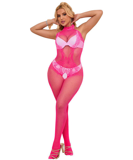 Subblime – 952389 Fishnet And Lace Crotchless Bodystocking With High Neck Pink One Size