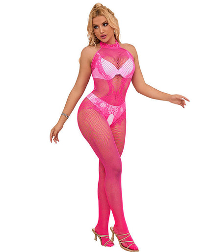 Subblime – 952389 Fishnet And Lace Crotchless Bodystocking With High Neck Pink One Size