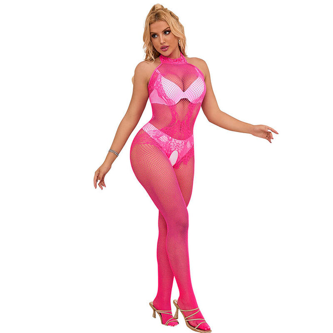 Subblime – 952389 Fishnet And Lace Crotchless Bodystocking With High Neck Pink One Size