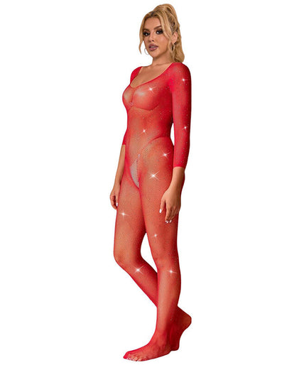 Subblime – 952419 Fishnet Bodystocking With Diamonds Long Sleeve Red Xs/m