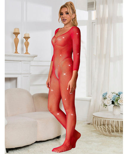 Subblime – 952419 Fishnet Bodystocking With Diamonds Long Sleeve Red Xs/m