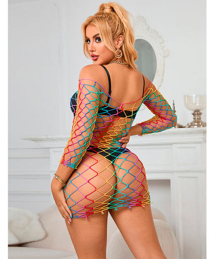 Subblime – 952426 Rainbow Long Sleeve Fishnet Dress One Size