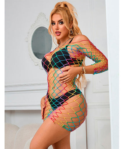 Subblime – 952426 Rainbow Long Sleeve Fishnet Dress One Size