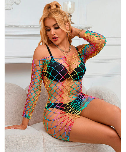Subblime – 952426 Rainbow Long Sleeve Fishnet Dress One Size