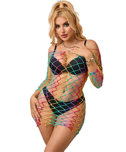 Subblime – 952426 Rainbow Long Sleeve Fishnet Dress One Size