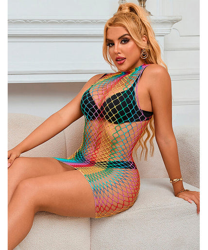 Subblime – 952433 Rainbow High Neck Sleeveless Fishnet Dress One Size