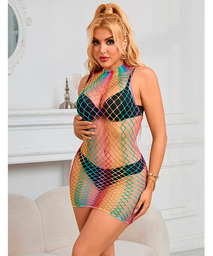 Subblime – 952433 Rainbow High Neck Sleeveless Fishnet Dress One Size