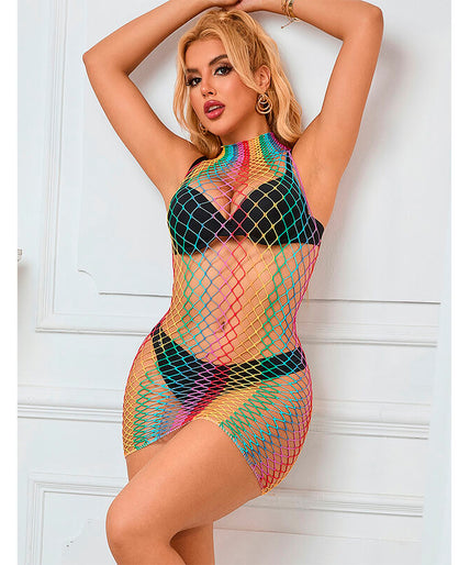 Subblime – 952433 Rainbow High Neck Sleeveless Fishnet Dress One Size