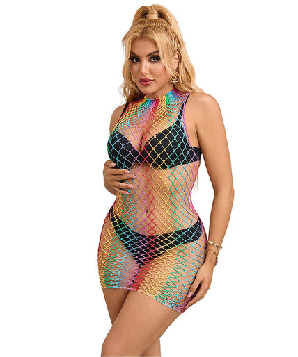 Subblime – 952433 Rainbow High Neck Sleeveless Fishnet Dress One Size