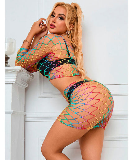 Subblime – 952440 2 – Piece Fishnet Set Long Sleeve Rainbow One Size