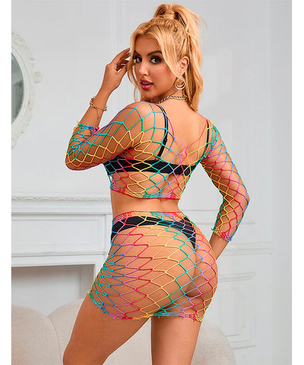 Subblime – 952440 2 – Piece Fishnet Set Long Sleeve Rainbow One Size