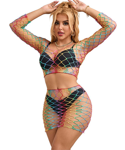 Subblime – 952440 2 – Piece Fishnet Set Long Sleeve Rainbow One Size