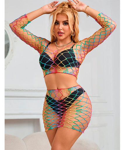 Subblime – 952440 2 – Piece Fishnet Set Long Sleeve Rainbow One Size