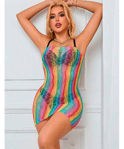 Subblime – 952457 Rainbow Off Shoulder Sleeveless Fishnet Dress One Size