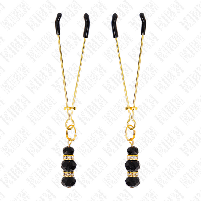 Kink – Dünne goldene Nippelklemmen mit 3 schwarzen Glasperlen 7 cm
