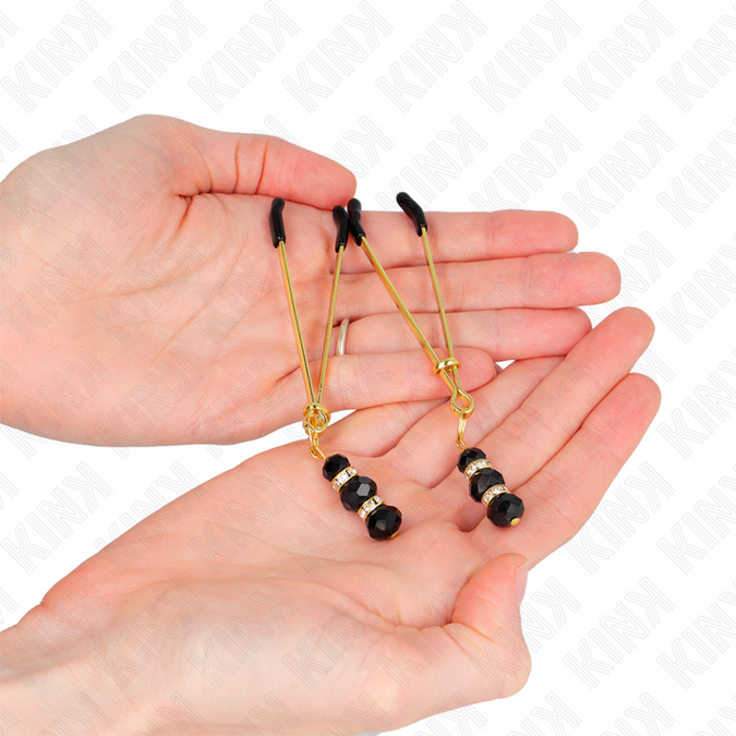 Kink – Dünne goldene Nippelklemmen mit 3 schwarzen Glasperlen 7 cm