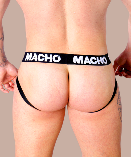 Pleasurements Macho Mx27gr jockstrap in grijsbeige imitatieleer met een elastische Macho-tailleband