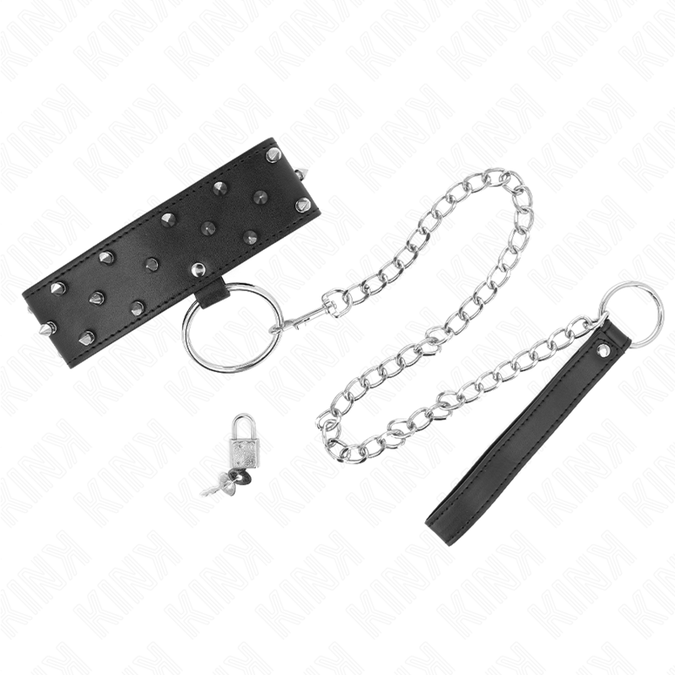 Kink – Halsband mit Leine 65 cm mit silbernen Nieten Modell 5 verstellbar 36 – 43 cm x 5 cm