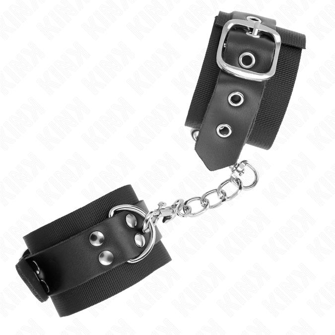 Kink – Nylon-Handgelenkfesseln Schwarz mit Ledergürtel Schwarz Verstellbar 19 – 29 Cm X 5,1 Cm