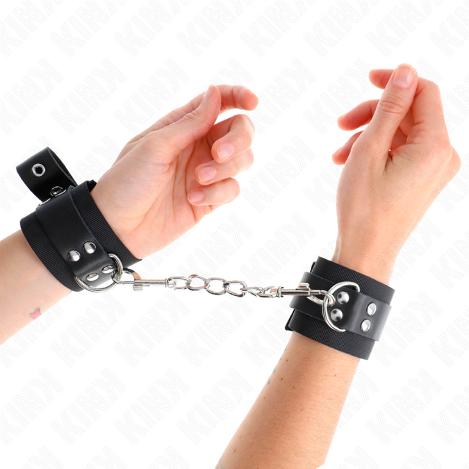 Kink – Nylon-Handgelenkfesseln Schwarz mit Ledergürtel Schwarz Verstellbar 19 – 29 Cm X 5,1 Cm