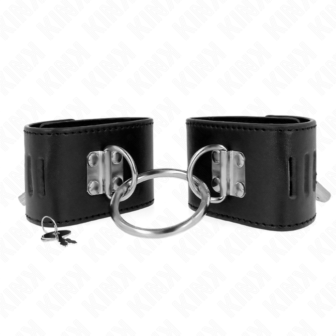 Kink – Feste Handgelenkfesseln mit Ring und Vorhängeschlossverschluss Schwarz Verstellbar 16 – 23 cm x 5,5 cm