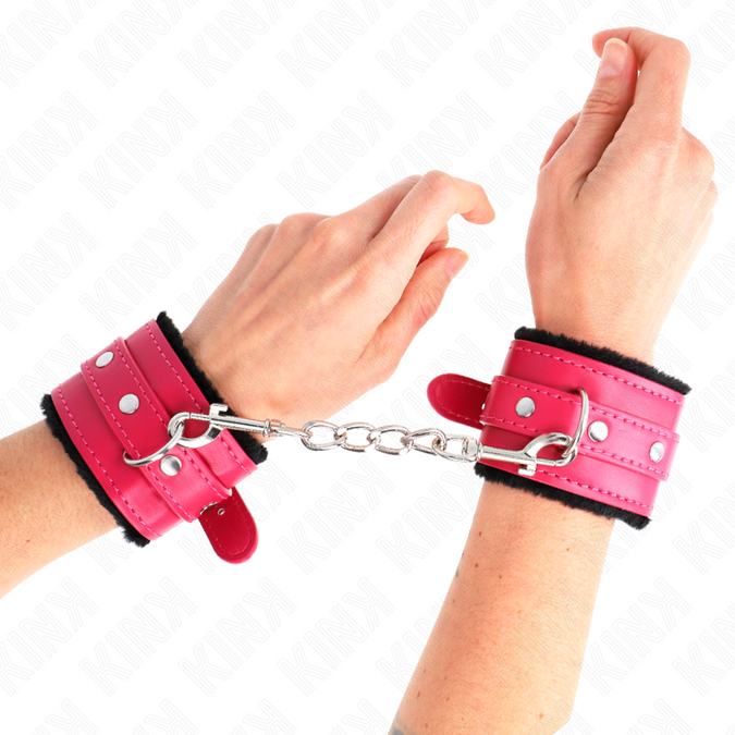 Kink – Core Fur Lined Wrist Restraints Black With Raspberry Rose Belt Adjustable 17 – 29 Cm X 6 Cm