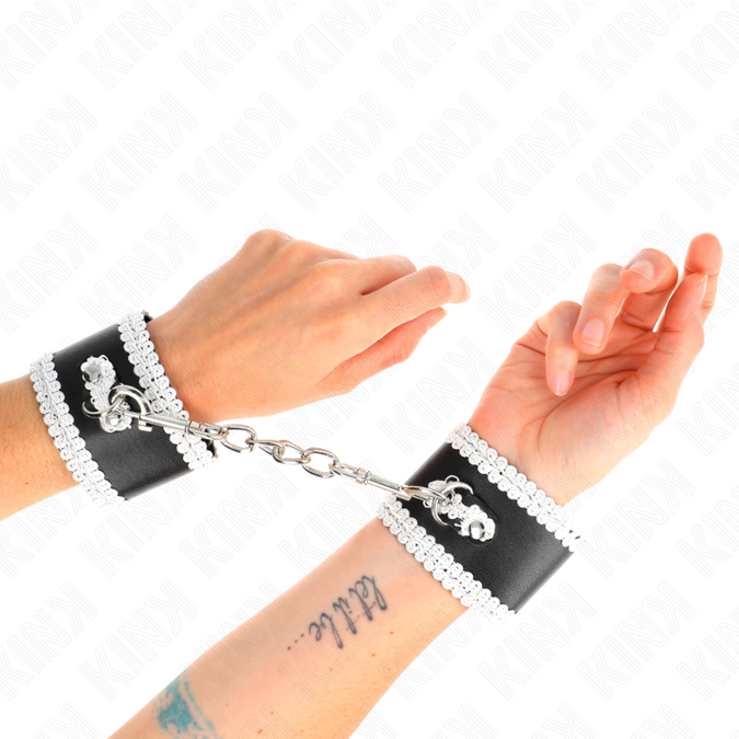 Kink – Black Wrist Restraints With White Decorate Lace Adjsutable 20 – 23 Cm X 5.5 Cm