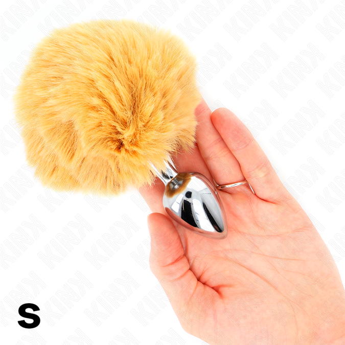 Kink – Edelstahlplug 7 x 3 cm mit beigem Kunstfell-Rabbit-Tail 8 cm