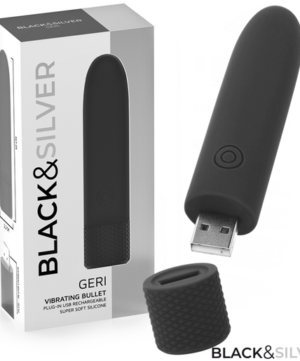 Schwarz & Silber – Geri USB wiederaufladbarer vibrierender Bullet mit 8 Vibrationsmodi, Schwarz, 10 x 2,2 cm