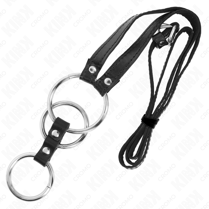 Kink – Dreifacher Metall-Penisring 3,8 cm bis 5 cm mit Lederriemen 112 cm