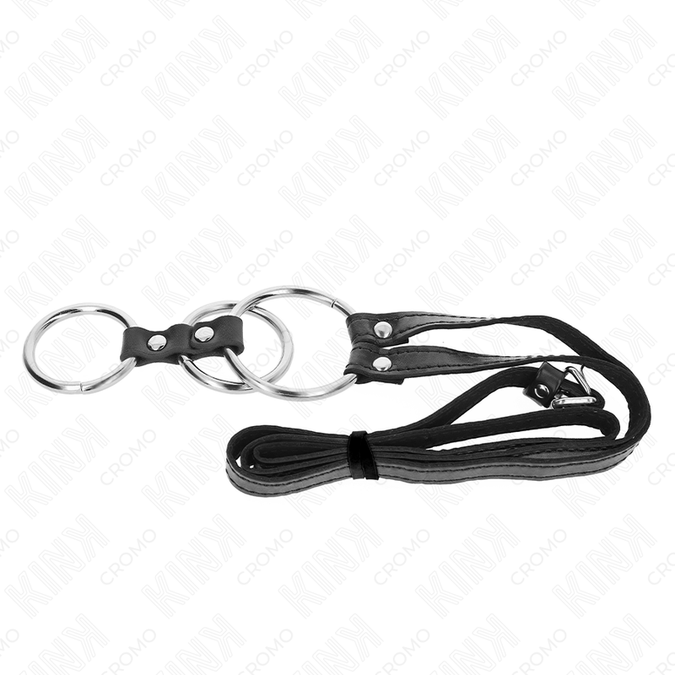 Kink – Dreifacher Metall-Penisring 3,8 cm bis 5 cm mit Lederriemen 112 cm